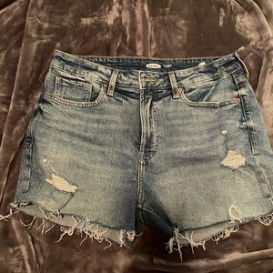 Distressed light wash denim shorts